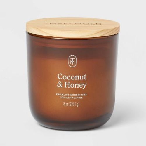 Amber Glass Wooden Wick Coconut And Honey Jar Candle 8oz - Threshold™