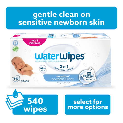WaterWipes Non-Fragrance Baby Wipes, 99.9% Water Based, 9 Packs (540 Wipes), Unscented
