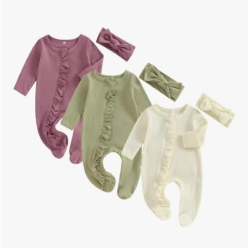 Merqwadd Baby Girl Zipper Pajama Footies 3 Pack Ruffle Sleeper Coming Home Infant Cotton Clothes