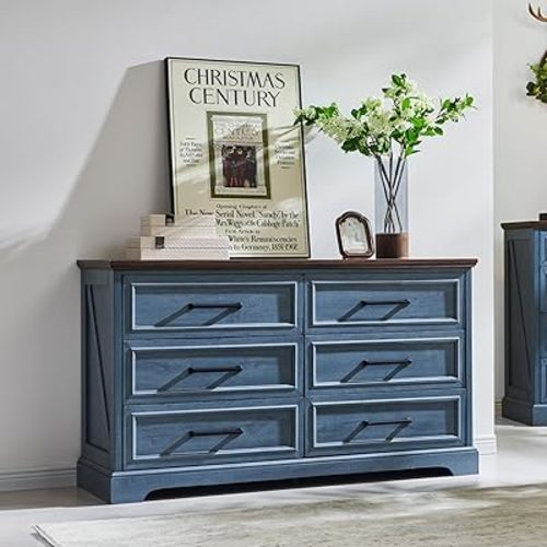 Farmhouse 6 Drawer Dresser for Bedroom, 52 Inch Wide Modern Dresser TV Stand with Large Drawers & Bar Handles, Rustic Wood Dresser Chest of Drawers for Bedroom, Living Room, Hallway, Blue