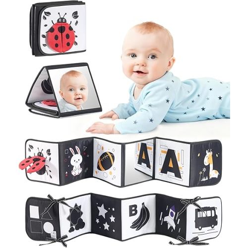 High Contrast Black and White Baby Toys for Newborn 0-6 Months – Contrast Cards & Sensory Baby Book with Mirror – Tummy Time Infant Toys for Visual Stimulation, Early Learning & Brain Development