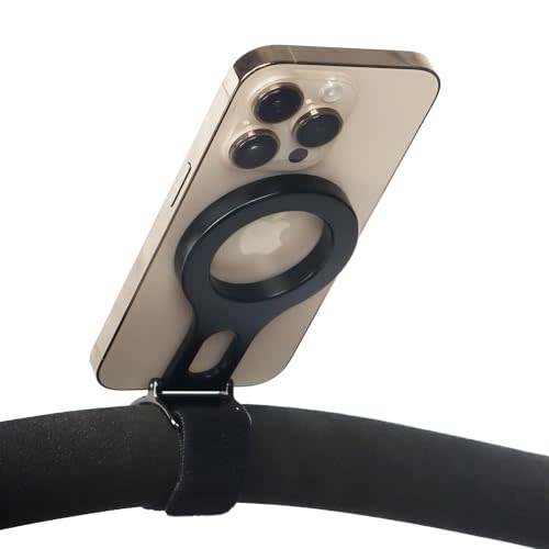 Magnetic Phone Holder for Stroller Bar, Compatible with MagSafe (Strong Magnet) - 180° Adjustable for Gym, Home Fitness Bikes, Shopping Cart, with Adjustable Strap, All Phone (Magnetic Ring Included)