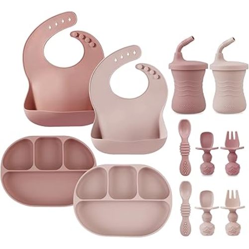 PandaEar 12PCS Silicone Baby Feeding Set | 2 Sectioned Baby Suction Plate, 2 Baby Bibs, 2 Toddler Cup, 4 Baby Spoons & 2 Baby Forks | Baby Led Weaning Supplies, Onesize