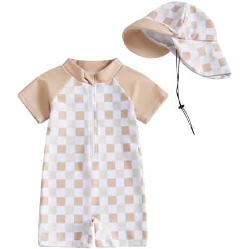 MAYUMMPY Baby Boys Girls Swimwear Casual Zipper One Pieces Rash Guard Swimsuit and Hat Beachwear Bathing Suit