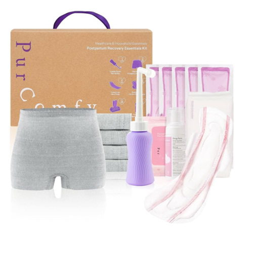 18 Pcs Postpartum Essentials Recovery Kit, Includes 5 Disposable Underwear, 24 Perineal Soothing Pad Liners, Perineal Soothing Foam, 5 Instant Ice Pads, Peri Bottle and 5 Postpartum Pads