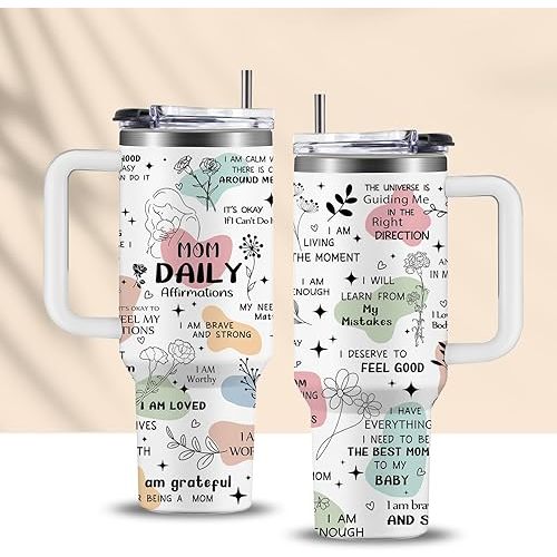 New Mom Gifts for Women, Mama, Wife - Birthday Mothers Day New Moms Daily Affirmations Cup Tumbler with Handle 40oz Girls Boys Moms Pregnancy Gifts for Expecting Mom, Mommy to Be Coffee Mugs