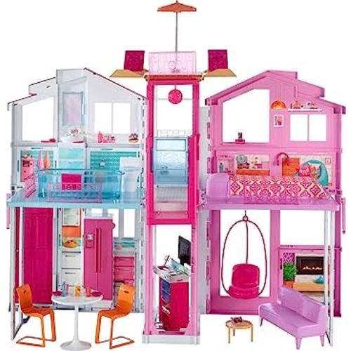 Barbie 3-Story Townhouse Dollhouse with Elevator, Swing Chair, Furniture and Accessories, Fold for Portability and Travel (Amazon Exclusive)