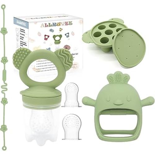 Baby Fruit Feeder & Mini Freezer Tray Combo - Baby Teether, Breastmilk Popsicle Molds for Teething Relief, Fresh Food Feeder for Safe Infant Self-Feeding, Extra Food Pouches(Green)