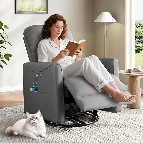 Power Rocker Recliner Chair, 360° Swivel Rocking Chair Nursery for Adults, PU Leather Glider Rocking Rechair, Lazy Boy Recliner with USB Port and Side Pockets for Living Room, Dark Gray