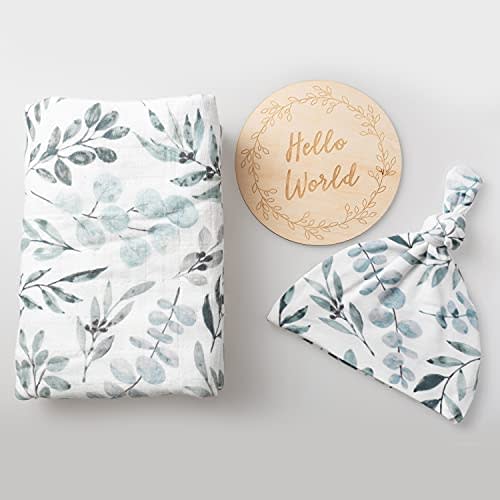 100% Organic Cotton Muslin Blanket| Eucalyptus Swaddle Set| Hospital Receiving Blanket Newborn Boy Girl Unisex Neutral| Boho Vintage Greenery