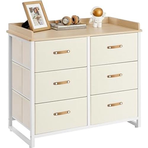 SONGMICS Dresser for Bedroom with 6 Drawers, Chest of Drawers, with Water-Resistant Changing Table, Storage Organizer Cabinet, for Kids Room Nursery Living Room Hallway, Beige UGKR101K01