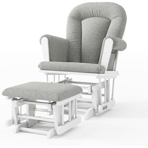 Child Craft Glider Rocker & Ottoman Set, Thick Padded Cushions, Storage Pockets, Solid Wood Base (Matte White & Gray)
