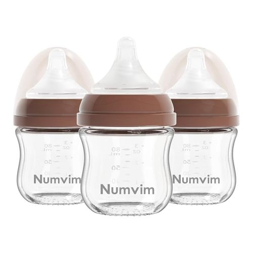 Natural Glass Baby Bottles Gentle & Extra Slow Flow, Newborn Breastfeeding Bottle with Anti Colic Nipple for 0 Months Babies, 3 Packs (Brown (3 Ounce), 1 Count (Pack of 3))