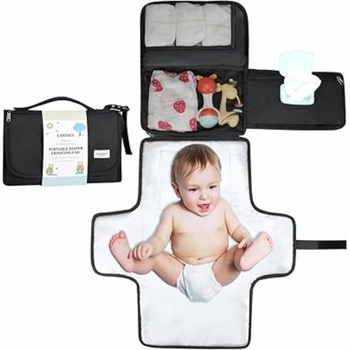 LANDICI Portable Diaper Changing Pad for Newborn Girl & Boy, Travel Waterproof Baby Changing Pad with Smart Wipes Pocket, Detachable Diaper Changing Mat, Gifts for Baby Newborn Essentials, Black