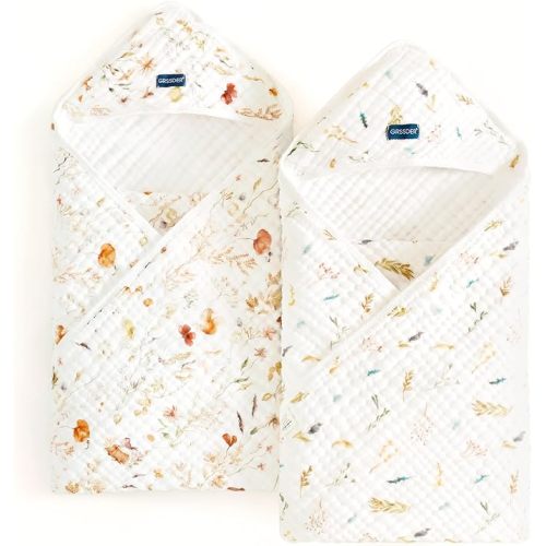 Ultra Soft Absorbent Muslin Cotton Baby Hooded Towel 2 Pack with Original Patterns, Extra Large Size 35"x 35" Swaddle Wrap for Newborn Infant and Toddler
