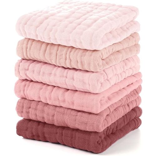 Muslin Baby Washcloths 6 Pack, 100% Cotton Wash Cloths for Babies, Large 12''X12'' Burp Cloths Absorbent and Soft for Newborn Infants Kids Boys Girls - Gradient Pink