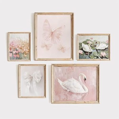 Coquette Pink Wall Art Decor Aesthetic Swan Posters Bow Flower Canvas Wall Art Preppy Cute Pictures Trendy Butterfly Posters Coquette Aesthetic Prints for Girl Dorm Room Bedroom 8x10x5 Inch Unframed