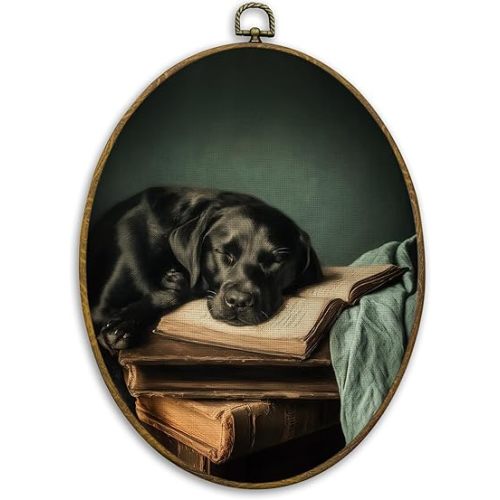 CUANFDDSF Vintage Black Labrador Oval Wall Art Decor, Farmhouse Country Labrador Retriever Wall Hanging Decor, Retro Country Dog Framed Canvas Prints for Home Library Bedroom, 8.6x11.4 Inch