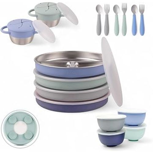 Elk and Friends Kids Stainless Steel Mealtime Bundle | Plates, Bowls, Snack Cups + Toddler Utensils | Silicone Suction Sleeves + Travel Storage Lids | Meals + Snacks | Dishwasher Safe
