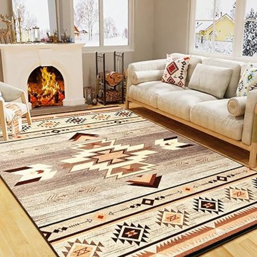 Western Rugs for Living Room Bedroom Non Slip, Aesthetic Home Decor for Dining Table Kitchen Porch Nursery, Washable Throw Rugs with Rubber Backing, 3ft x 5ft, Warm Beige