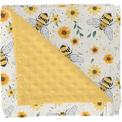Boho Bees Sunflowers Baby Blankets for Girl Boy Watercolor Bee Yellow Floral Soft Mink Dotted Backing Double Layer Swaddle Blanket Spring Summer Bed Throws for Newborn Infant Toddler Nursery 30x40