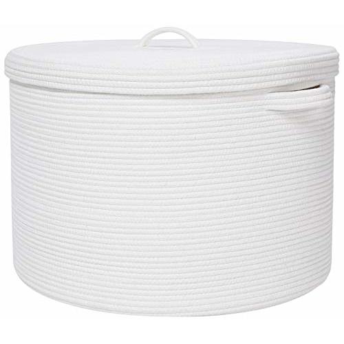 20" x 20" x 15" Extra Large Storage Basket with Lid, Cotton Rope Storage Baskets, Laundry Hamper, Cloth Bin, for Clothes Towels Blankets Pillows Storage in Living Room, Full White Basket with Cover