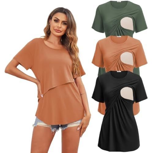 Ekouaer Women's Maternity Shirts Short Sleeves Nursing Tops 3 Pack Double Laye Breastfeeding Tees Pregnancy Clothes S-XXL