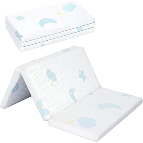 Pack and Play Mattress Pad,Trifold Portable Crib Pack N Play Mattresses,38 * 26" Inch Jacquard Playpen Mattress for Travel Soft Breathable Play Yard Mattress with Washable Cover (Moon/Star-Trifold)