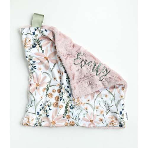 LOVEY - Wildflower - Baby girl security minky blanket - blush pink gold sage green watercolor flowers daisy dreams personalized embroidered