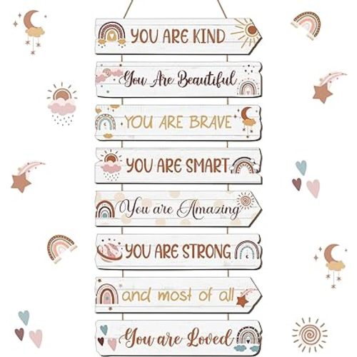 Inspirational Girl Room Decor Aesthetic Art Wall Hanging Sign Inspiring Colorful Rainbow Wooden Decoration for Kids Teens Toddler Boy Baby Bedroom Nursery Dorm Decor, 6-12 Years old (Boho)