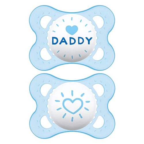 MAM I Love Daddy Collection Pacifiers (2 pack, 1 Sterilizing Pacifier Case), MAM Pacifier 0-6 Months, Baby Pacifiers, Baby Boy, Best Pacifier for Breastfed Babies, Designs May Vary - Boy 'I Love Daddy'