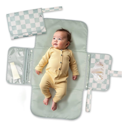 Tiny Twinkle Portable Diaper Changing Pad-Foldable Waterproof Changing Mat&Portable Changing Pad for Travel,Baby Changing Station with Smart Wipes Pocket&Storage (Sage Checkers)