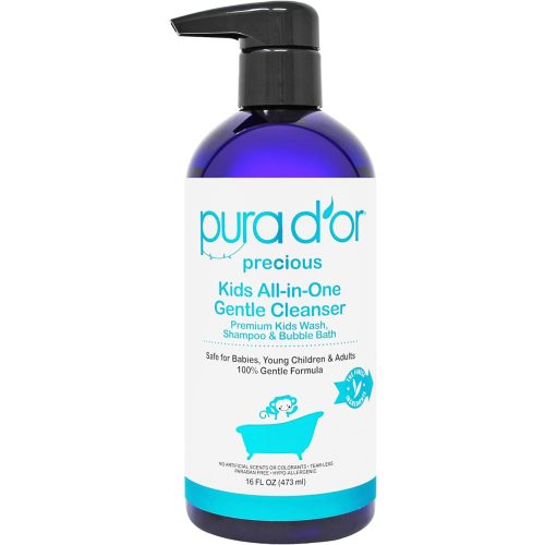 PURA D'OR 16 Oz Kids Wash - All-in-One Gentle Cleanser - USDA Biobased, Sulfate-Free, Tear-Less, Hypoallergenic, Premium, Shampoo & Bubble Bath