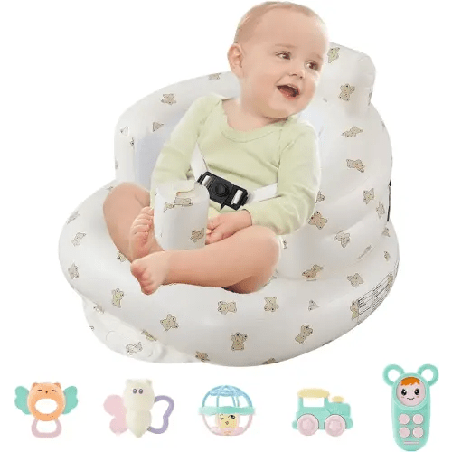 Inflatable Baby Floor Seat with Safety Harness Built in Air Pump Infant Back Support Sofa Portable Infant Chair for Sitting Up Anti-Fall Toddler Shower Seat for 3-36 Months with Baby Rattle