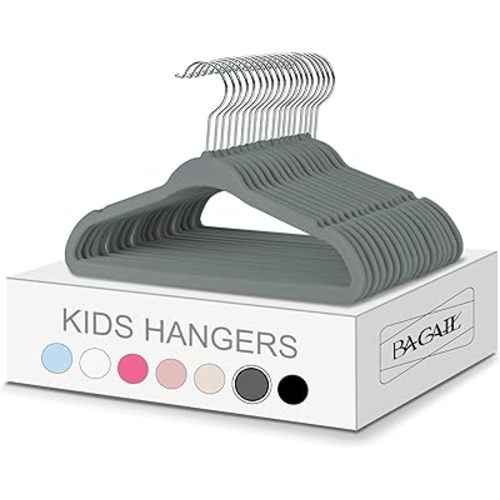 BAGAIL Kids Velvet Hangers 13.75 Inches Children's Clothes Hangers Non-Slip Baby Hangers for Infant/Toddler (Grey, 50pack)