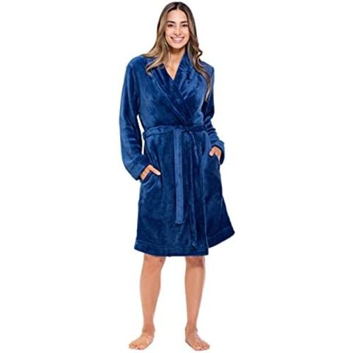 Turquaz Robes For Women, Womens Fleece Shawl Collar Soft Plush Knee Length Spa Robe