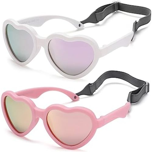 Flexible Heart Shaped Baby Polarized Sunglasses with Strap Adjustable Toddler & Infant Age 0-24 Months - A1* (White/Purple Mirrored + Pink/Pink Mirrored) - 2 Pack - 40 Millimeters