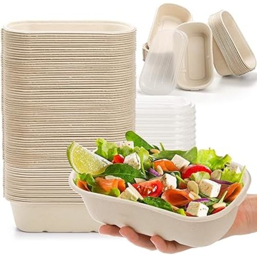Yesland 70 Pack Compostable Take Out Food Containers with PP Lid, 23 Oz Bagasse to Go Containers Rectangular Disposable Paper Bowls, Biodegradable Meal Prep Food Container for Salad, Leftovers