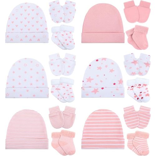 Toulite 6 Pack Preemie Newborn Hats Mittens and Socks Set Cotton Beanie Hats Socks and No Scratch Mittens