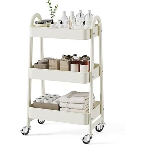 Amazon.com: SMUG 3 Tier Rolling Cart - Metal Utility Carts on Lockable Caster Wheels, Mobile Storage Shelves Organizer for Livingroom, Bathroom, Kitchen, Bedroom & Narrow Places, White : Office Products