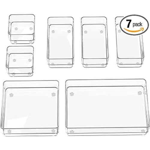 SMARTAKE 7-Piece Drawer Organizer with Non-Slip Silicone Pads, 4-Size Desk Drawer Organizer Trays Storage Tray for Makeup, Jewelries, Utensils in Bedroom Dresser, Office and Kitchen (Clear) - 7 PCS