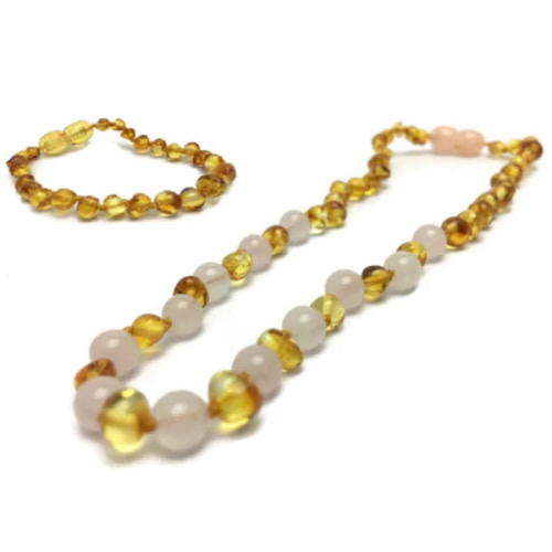 Baltic Amber Teething Necklace Lemon Pink Rose Quartz