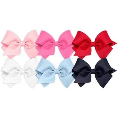 Wee Ones Girls' 6 Piece Set Solid Grosgrain Variety Pack on a WeeStay No-Slip Hair Clip, Small Sized Bows, White, Millennium Blue, Navy, Light Pink, Hot Pink, Red