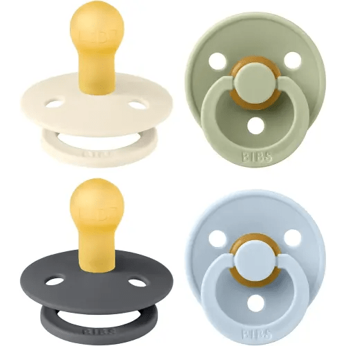 BIBS Colour Soother 4-Pack | BPA Free Dummy Pacifier | Round Nipple | Natural Rubber Latex | Made in Denmark | Size 0-6 Months | Iron Mix
