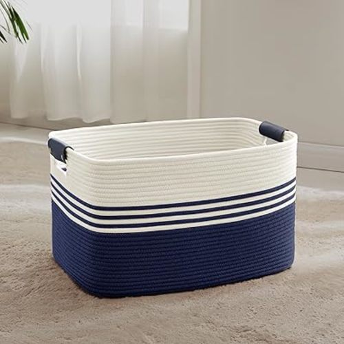 60L Large Laundry Basket with Leather Handles for Living Room Storage, Woven Rope Baskets Bin for Blanket, Kids Toy, Gifts, Wicker Hamper for Bedroom Dirty Clothes, 21"x15"x11" White Navy