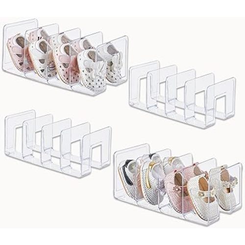Clear Acrylic Kids Shoe Rack for Closet Organizers and Storage | 4 Pack Small Shoe Rack 4 Sections Toddler Baby Shoe Storage Organizer Stackable Shoe Shelf, Desk File Sorter Book Purse Organizer