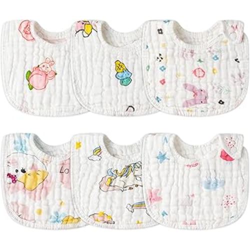 Zainpe 6Pcs Snap Muslin Cotton Baby Bibs Star Cat Rabbit Pattern Adjustable Feeding Bib Machine Washable Unisex Burp Cloths with 6 Absorbent & Soft Layers for Infant Toddler Newborn Eating Drooling