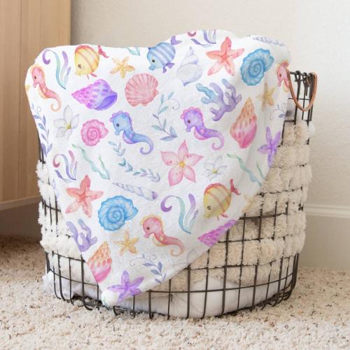Under the Sea Blanket, Seahorse Nursery Decor, Girl's 1st Birthday Gift, Ocean Animals Baby Shower Gift, Seashell Newborn Baby Girl Swaddle