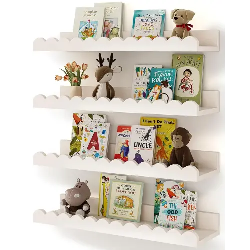 Nursery Book Shelves, 4-Pack White Floating Shelves for Wall Kids, Scalloped Shelves, Wall Book Shelves for Bedroom Kids, Toddler Room, Baby Room, Nursery Decor