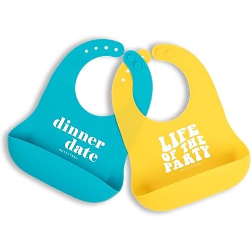 Bella Tunno Wonder Bib 2pk – Waterproof Silicone Bibs for Boys & Girls, Non-toxic & BPA Free Silicone Baby Bibs & Toddler Bibs with Adjustable Neck, Easy to Clean (Dinner Date & Life of the Party)